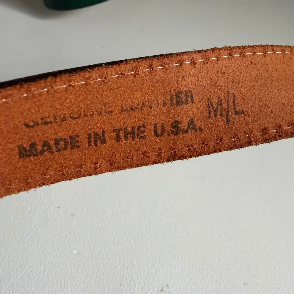 VTG Green Crocodile Embossed Leather Belt ML Gold Sculptural Buckle made in USA
